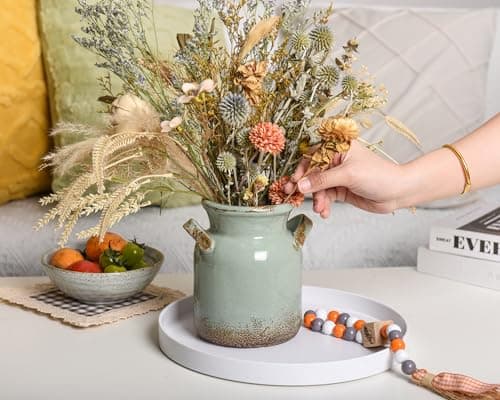 Quoowiit Ceramic Rustic Farmhouse Vase, Distressed Decorative Flower Vases for Home Decor, Ideal Shelf Decor, Green Boho Vase for Living Room Bedroom Kitchen Office Centerpiece Table Decorations - Thumbnail 2