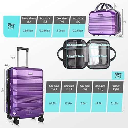 GigabitBest 2-Piece Carry On Luggage Set, 14-Inch Makeup Case & 20-Inch Suitcase, PC+ABS Hardshell, TSA Lock, Detachable 360° Spinner Wheels, Lightweight Travel Suitcase for Short Trips(Purple) - Thumbnail 3