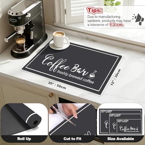Findosom 12"x 20" Dish Drying Mat, Super Absorbent & Cuttable Coffee Mat, Hide Stain Bar Mat for Kitchen Counter, Coffee Bar Accessories, Black - Thumbnail 2