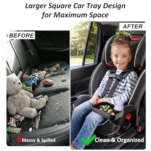 Car Seat Snack Tray for Kids, Mess-Free Square Travel Tray Cup Holder Snack Tray, Durable Car Food Tray for Toddlers, Universal Fit Kids Travel Road Trip Essentials (1, Black) - Thumbnail 4