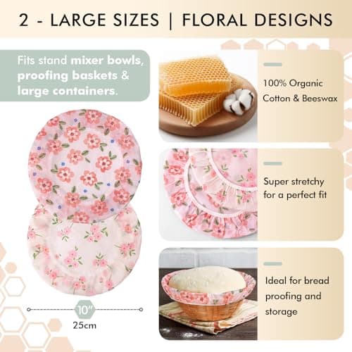 Sourdough Bowl Cover 12 Inch, Beeswax Bowl Covers for Bread Proofing, Reusable Cotton Food Covers for Mixing Bowls, Stretch Fit Covers for Dough Proofing, Kitchen Storage, 2 Pack - Thumbnail 4