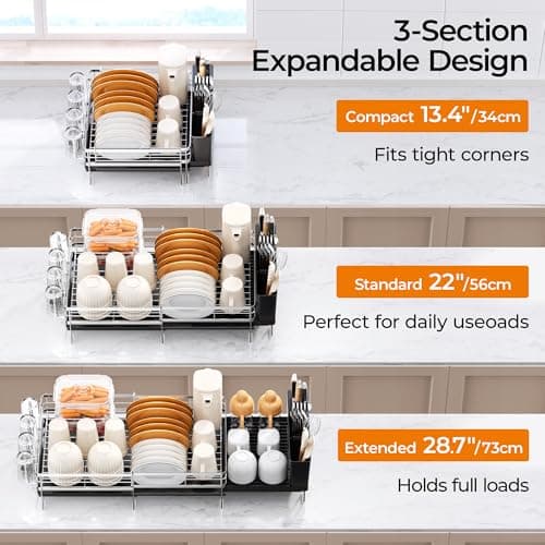 Delamu Stainless Steel Dish Drying Rack, Expandable Dish Drainer, Anti-Rust Large Dish Racks for Kitchen Counter, Dish Strainers with Drainboard, Utensil Holder & Cup Holder, 13.4"-28.7" L x 11.8" W - Thumbnail 2