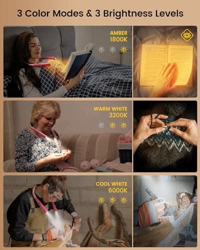 Glocusent Upgraded LED Neck Reading Light, Book Light for Reading in Bed, 30-min Timer, 3 Colors & 3 Brightness Adjustable, Rechargeable & Long Lasting, Perfect for Reading, Knitting - Thumbnail 3
