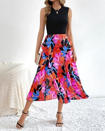 BTFBM Women Casual Sleeveless Summer Dresses 2025 Spring Crewneck Patchwork Boho Floral Ruffle Cocktail Party Midi Dress(Big Floral Multicolor, Medium) - Thumbnail 4
