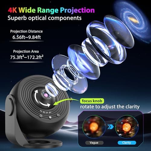 Galaxy Projector for Bedroom, HD Image Star Projector Galaxy Light Adjustable Knob, 13 Film Discs Planetarium Projector for Kids, 360° Rotating 1/2h Timer Simple 3-Button Control - Thumbnail 4