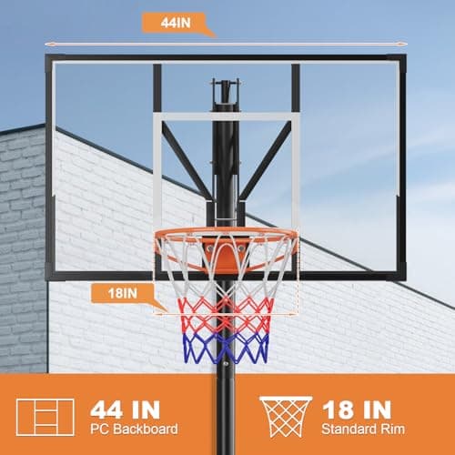 Lotfun Basketball Hoop Outdoor 44 Inch Shatterproof PC Backboard, 18" Rim, Portable Basketball Goal with Crank Adjustment & Wheels, for Teens & Adults to Enjoy Comfortable Indoor & Outdoor Basketball - Thumbnail 2