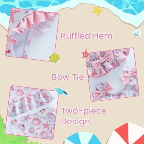 DivingBirds Baby Girls Toddler Two-Piece Swimsuit with Hat, Ruffle Bowknot Bathing Suit Swimwear Set Pink and White for 3-4 Years - Thumbnail 5