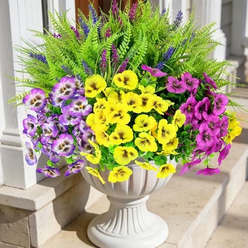 ICX 20PCS Artificial Flowers for Outdoors, 9 Bundles Artificial Pansies with Eucalyptus, 11 Bundles Lavenders & Ferns, Outdoor Flowers UV Resistant for Porch, Garden, Window Box, Hanging Basket Decor - Image 1