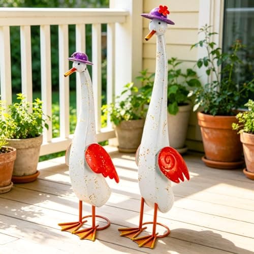 The Aura Collective 22" Duck Garden Statue Set of 2 Metal Ducks, Duck Outdoor Decor with Stakes Animal Yard Art Sculptures for Patio Porch Lawn Backyard White - Thumbnail 6