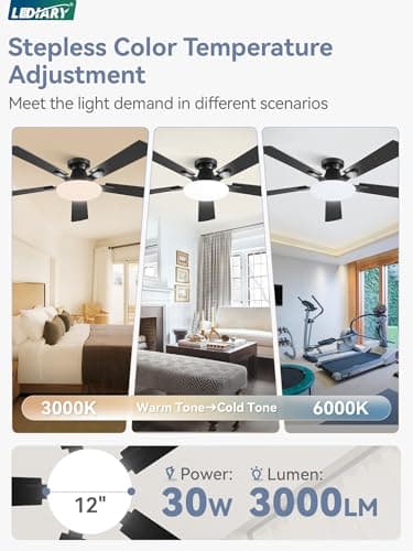52 Inch Ceiling Fan with Lights and Remote, 30W 12" LED Panel Flush Mount Ceiling Fan, 6-Speed Quiet DC Motor Modern Low Profile Ceiling Fan with Reversible Blades for Bedroom, Living Room, Patio - Thumbnail 3
