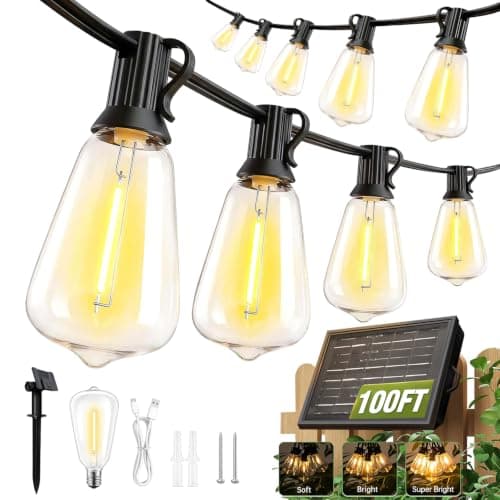 100FT Solar String Lights Outdoor Waterproof with Remote & Timer, LED Shatterproof ST38 Bulbs, USB & Solar Powered Patio Lights for Backyard, Porch, Garden, Wedding Decor, Dusk to Dawn Lighting - Image 1