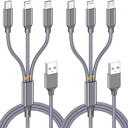 Multi Charging Cable (6ft 2Pack),3 in 1 USB Charging Cable for Multiple Devices,Braided Universal Phone Charger Cord with Type-C/Usb C,Micro USB,IP Port Lightning for iPhone17-5/Android Phones