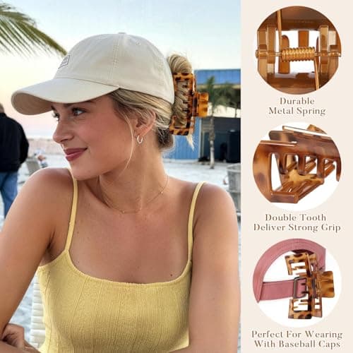 6 Pcs Hat Claw Clip for Women, Hat-Friendly Claw Clips for Baseball Cap & Trucker Hat - 4.1 Inch Large Tortoise Hat Claw Clip for Medium/Thick Hair, Non-Slip Baseball Hair Clips for Hats Hairstyle - Thumbnail 2