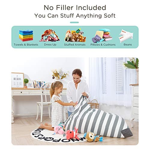 Aubliss Stuffed Animal Storage Bean Bag Chairs Cover, 50"x 35" Extra Large Bean Bags Chair for Kids Adults, Beanbag Toy Storage for Boys Girls - Premium Cotton Canvas Grey Stripe - Thumbnail 2