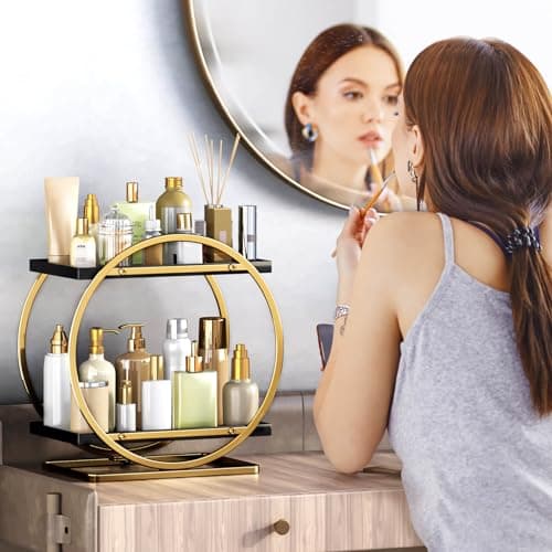 YIWANFW Makeup Organizer for Vanity, Black Gold Perfume Organizer for Dresser, 2-Tier Bathroom Countertop Organizers, Bathroom Counter Shelf Skincare Holder Perfume Tray Cosmetic Display - Thumbnail 4
