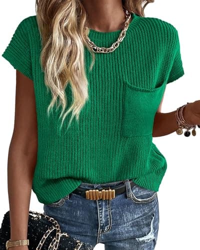 KIRUNDO Summer Fall Short Sleeve Sweater for Women 2026 Casual Sweater Vest Cotton Knit Pullover Tank Tops Fashion Clothing(Green, Small) - Image 1