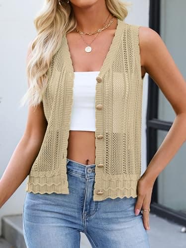 Bellcoco Womens Crochet V Neck Sweater Vest Hollow Out Summer Sleeveless Tops Knit Spring Cardigans Button Down Tank Top Apricot XXL - Thumbnail 2