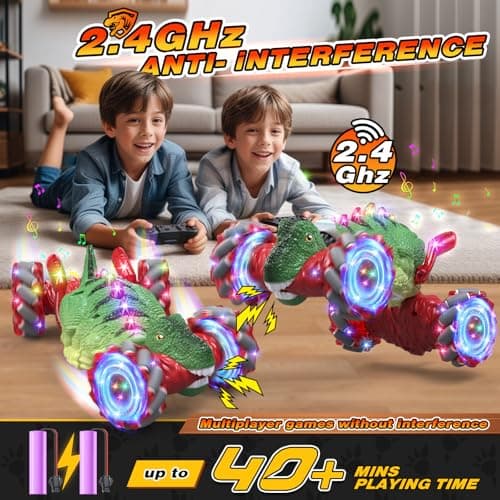 OSIMILY Remote Control Car，Dinosaur Toys car for Kids，2.4GHz LED Gesture Sensing RC Car，4WD Rotation RC Stunt Car with Lights and Music，Dino Toys for Kids Ages 3 4 5 6 7 Gifts for Boys Girls(Red) - Thumbnail 3