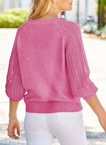 Dokotoo Womens Oversized Sweaters for Women 2026 Spring V Neck Long Puff Sleeve Solid Hollow Out Fashion Casual Loose Plain Solid Color Cable Knit Sweater Pullover Jumper Outerwear Rose XX-Large - Thumbnail 6