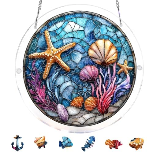 Acrylic Puzzle Suncatcher Window Hanging, Colorful Starfish Seashell Coral, Unique Ocean Acrylic Jigsaw Puzzle, DIY Suncatcher Puzzle Kit, Home Garden Decor Gift for Women Mom Wife Men Friends 7.4in
