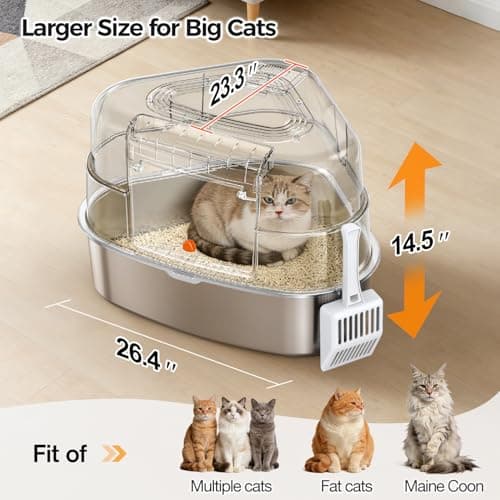 Chumajor XXL Stainless Steel Corner Cat Litter Box with Lid - Sturdy, No Odor & Space-Saving Hidden Design for Large Cats, White - Thumbnail 5