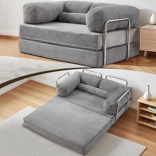 IBTKIG Folding Sofa Bed Convertable Corduroy Couch, Convertible Sofa with Fixed-Shape Frame, Modular Sectional for Living Room, No Assembly Compression Foldable Sleeper (Gray) - Image 1