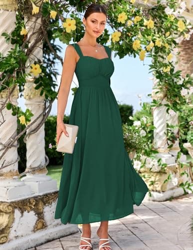 GRACE KARIN Summer Dark Green Dress for Women 2026,Off the Shoulder Smocked Bridesmaid Dresses,Formal Baby Shower Maxi Dresses L - Thumbnail 4