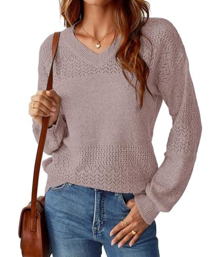 NORACORA Womens Fall Sweaters 2025 V Neck Casual Long Sleeve Ribbed Knit Oversized Pullover Lightweight Crochet Loose Sweater Tops Pink - Thumbnail 6