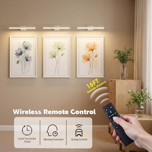 Neymlya 16" Picture Lights for Wall, 10000mAh Rechargeable Battery Operated Art Light with Remote, 300lm Bright Dimmable 3 Color Temps LED Wall Lights for Living Room, Bedroom, Hallway, White - Thumbnail 5