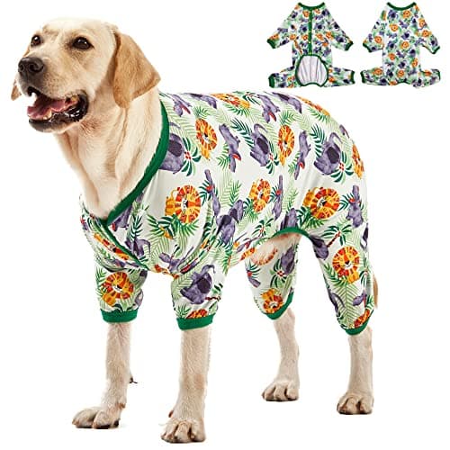 LovinPet Pitbulls Pajamas, Large Dog Pajamas Onesie, Lightweight Stretchy Knit Pullover Large Breed Jammies, Big Hippo Green Print, Wound Care, Post Surgery Dog Shirt, UV Protection, Dog Onesie, XL - Image 1