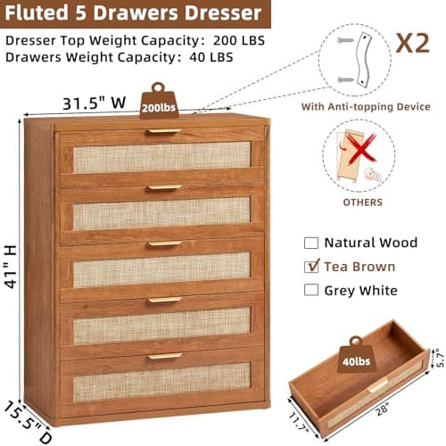 LEYAOYAO Rattan Dresser for Bedroom, 41" Tall Dressers Chest of Drawers, Boho Small Dressers with 5 Drawers, Tea Brown Dresser Wooden Closet Organizer for Living Room, Hallway - Thumbnail 2