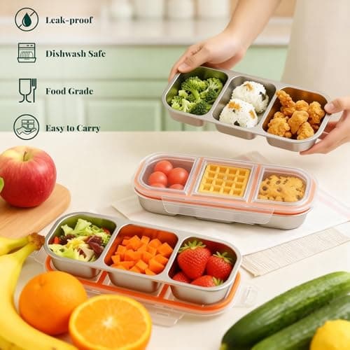QCQHDU Snack Containers, Reusable Stainless Steel 3 Compartment Condiment Metal Bento Lunch Box with Lids, Divided Snack Food Storage Lunchable Containers for Home, Work, Travel, Camping, 5 Pack - Thumbnail 2