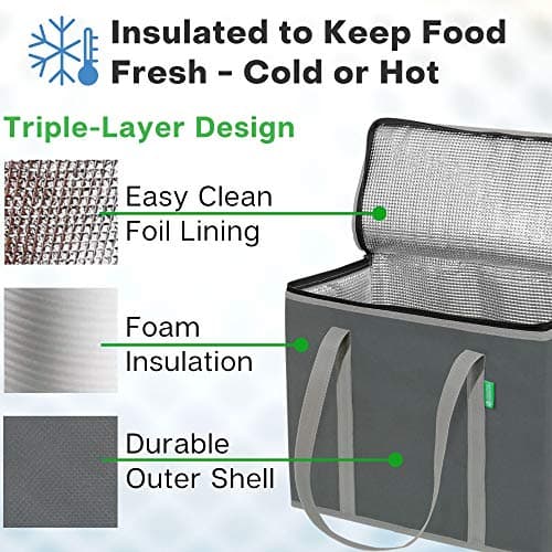 XL Insulated Reusable Grocery Bags (2-Pack) - Premium Quality Cooler Bags with Hard Bottom Insert - Stands Upright, Machine Washable, Sturdy Zipper - Insulated Bag for Warm or Cold Food Delivery Bag - Thumbnail 2