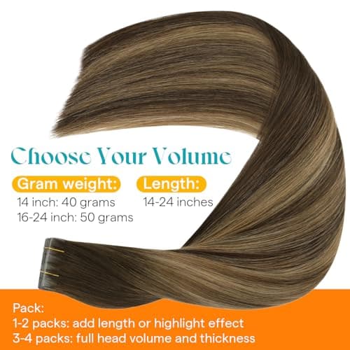 Sunny Hair Invisible Injected Tape in Hair Extensions Brown Balayage, 24inch 20Pcs 50g Real Human Hair for Women, Hand Sewn Natural Hair Extensions for Natural Volume and Glossy Shine - Thumbnail 5