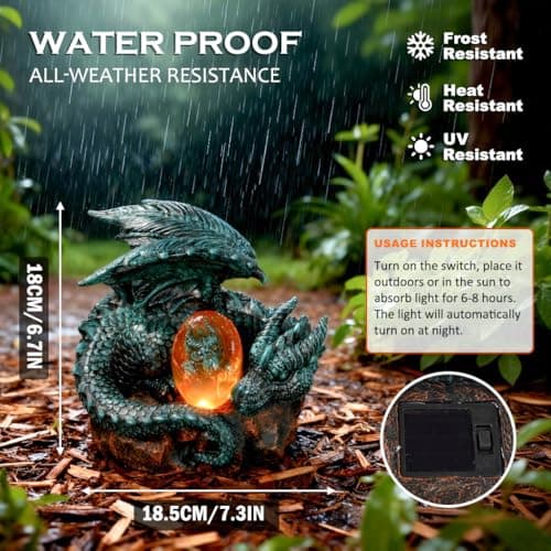 U WONDERFUL Solar Dragon Garden Decor - Dragon Statue Outdoor with Egg Light - 6.8 inch Porch Decor & Lawn Ornaments, Perfect Patio Decor, Yard Decorations Outdoor - Thumbnail 5