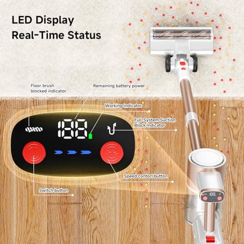 Honki Cordless Vacuum Cleaner, 500W/40Kpa Vacuum Cleaners for Home, Stick Vacuum Cordless with LED Display, Anti-Tangle & Wall Mount, 8 in 1 Lightweight Vacuum for Hard Floors Pet Hair(Gold) - Thumbnail 3