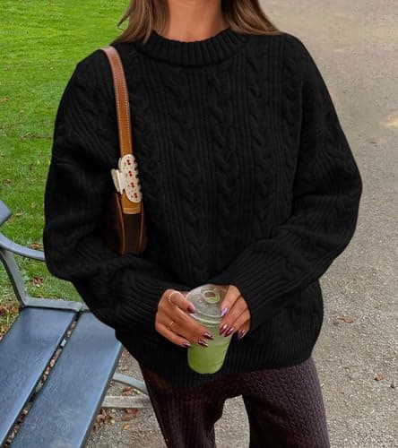 Okiwam Women's Oversized Sweaters Crewneck Cable Knit Pullover Casual Loose Fall Outfits Spring Fashion Clothes 2026-XL Black - Thumbnail 4