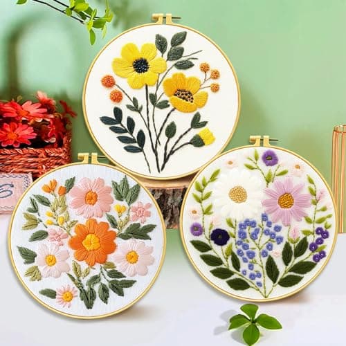 FEIYUENO Beginner Embroidery Kit for Adults, 3-Pack Easy Needlepoint Starter Kits with Pre-Stamped Floral Embroidery Patterns, 7.8" Hoop, Floss & Needles, Step-by-Step Guide (Flower) - Thumbnail 5