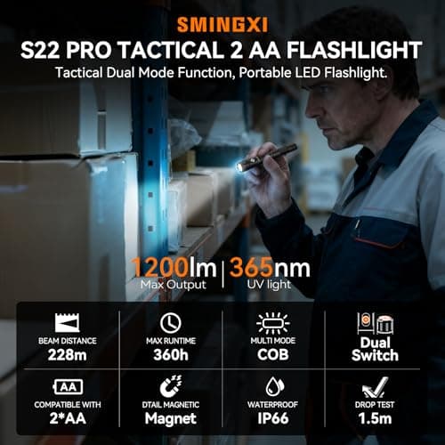 S22Pro EDC Tactical Dual Mode Rechargeable Flashlight, 1200 High Lumen Pen Light with 365nm UV Light, 2AA Dual Power Pocket LED Flashlight with Magnet for Car Repair Camping, Emergency, Outdoor - Thumbnail 2