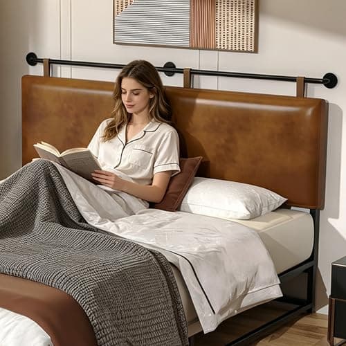 BSHOMGI Queen Headboard, Hanging Headboards with Brown Faux Leather Industrial Pipe Modern Style Only for Bed Backboard Headboards for Queen Size Bed
