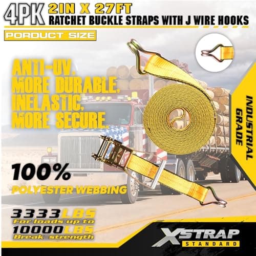 XSTRAP STANDARD 4 Pack 2" x 27' Industrial Tie Down Straps, Heavy Duty Ratchet Straps with Double J Hooks, 3333 LBS Working Load, 10000 LBS Break Strength, Long Handle Cargo Straps for Truck, Trailer - Thumbnail 5