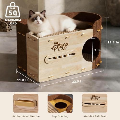 GONPETGP Large Cat Beds for Indoor Cats, Extra Wide Cat House Cave with Scratch Pad Wooden Play Ball, Foldable Felt Kittens Hideaway Condo for Multiple Small Pets - Thumbnail 2