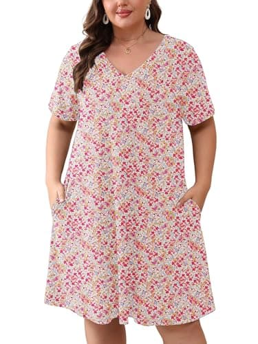 AusLook Plus Size Midi Dress for Women Pink Clustered Blooms 2X Short Sleeve Loose V Neck Summer Casual A Line Knee Length Work Outfit T Shirt 2026 Sundresses with Pockets - Image 1