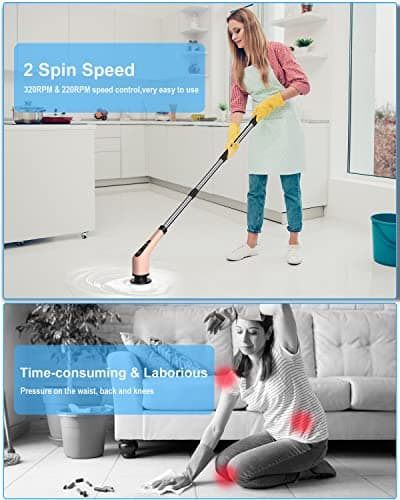 Leebein Electric Spin Scrubber, Cordless Powerful Scrub Brush for Cleaning Bathroom, Kitchen, Shower Tub and Floor Tile with Adjustable Extension Long Handle and 8 Replaceable Brush Heads(Rose) - Thumbnail 2