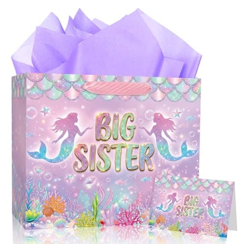 Big Sister Mermaid Gift Bags - Mermaid Princess Sister’s Birthday Party Supplies Bags with Satin Handles Mermaid Card Purple Wrapping Paper Gift for New Big Sister Celebration Bags for Girl 12 Inch - Image 1