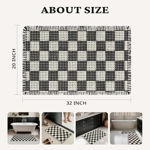 MatEssenz Checkered Bath Mat 20"x30", Black and White Waffle Weave Bathroom Rug with Tassels, Non-Slip & Quick Dry Bath Rugs for Shower, Machine Washable, Skin-Friendly & Pet Safe Boho Decor - Thumbnail 2