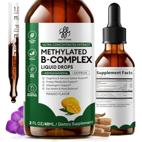 iMATCHME Methylated B-Complex Liquid Drops | Active B12 (Methylcobalamin), L-5-MTHF Folate & B6 | Ashwagandha & Saffron | Energy, Focus & Brain Support | Vegan, 2 Fl Oz - Image 1