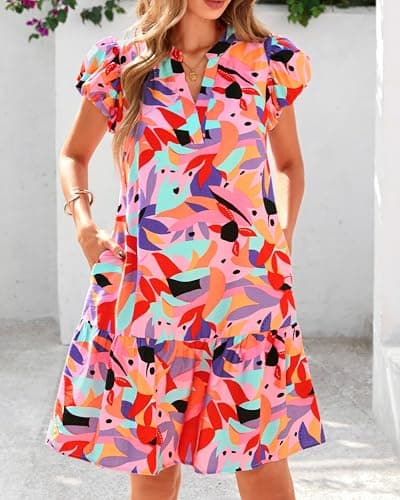 dowerme Womens Summer Dresses 2026 Puffy Sleeve V Neck Loose Floral Print A Line Boho Mini Babydoll Dress with Pockets(Red,XX-Large) - Thumbnail 3