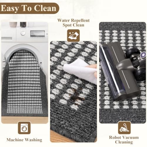 Ileading Kitchen Mat Sets 3 Piece Minimalist 3D Lattice Kitchen Floor Rugs with Non Slip Rubber Backing Machine Washable Farmhouse Runner Rugs for Laundry Hallway Doormat(Black) - Thumbnail 4