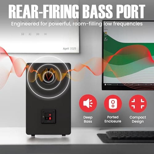Audiosource Bluetooth 2-Way Bookshelf Speakers, 30W RMS Powered Desktop Speakers/Woofer, Rear Bass Port, AUX & USB MP3 Playback, Multipoint Pairing, Wood Cabinet – Hi-Fi PC Gaming & Music System - Thumbnail 5
